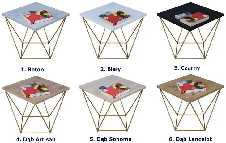 Minimalistyczny stolik druciany dąb sonoma + złoty R8-E44