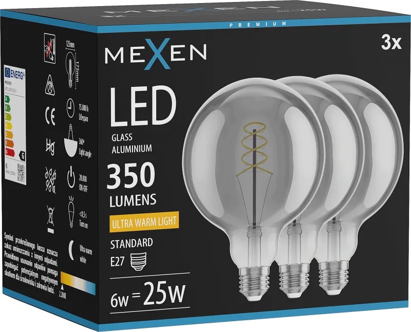 Mexen Vintis 3x żarówka filament spirala LED E27, G125, 6W, Ciepła - 2200K, 350 lm, smoke - L168-E27-0622-70x03