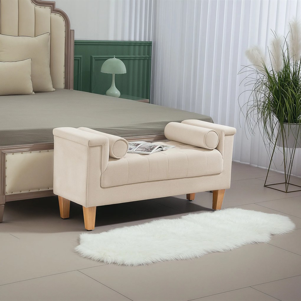 HOMCOM Ławka tapicerowana w stylu vintage z pokryciem z szenuilu, podłokietniki, 2 poduszki, ramka z drewna, ławka do sypialni, salonu, przedpokoju, 115 x 44 x 58 cm, Beżowy