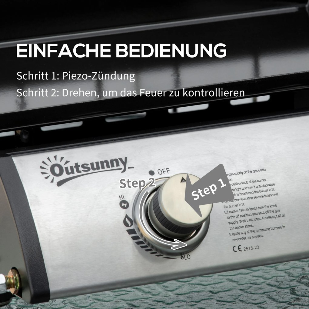 Outsunny Grill gazowy z 2 palnikami, wąż, płyta do grilla nieprzywierająca, stal nierdzewna, Kolor: Srebrny, 48,5 x 46 x 21 cm