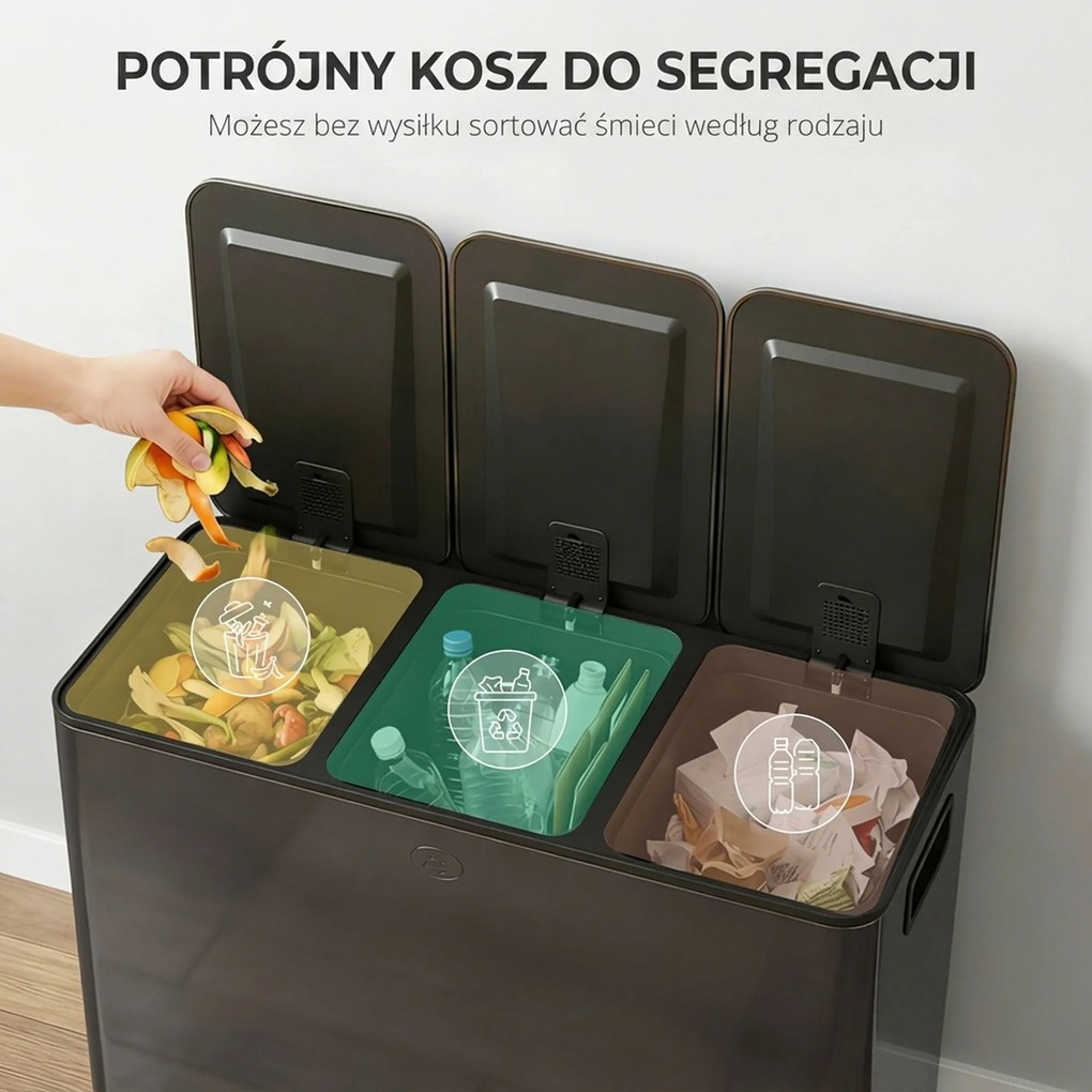HOMCOM Kosz na śmieci z 3 x 20 L komorami, pokrywami dezodorantowymi, odporny na odciski palców, soft-close, wyjmowany, czarny