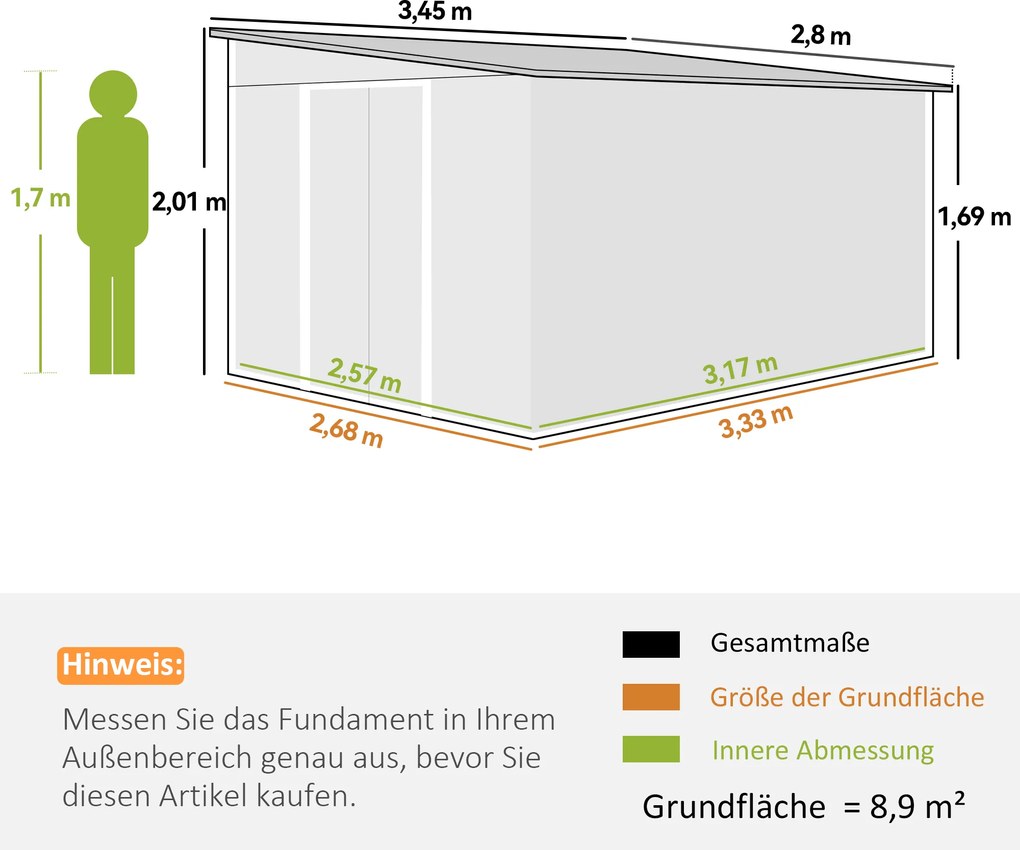 Outsunny Metalowy Schowek Ogrodowy Dach Nachylony z Zablokowanymi Podwójnymi Drzwiami 2,8 x 3,45 x 2,01m Zielony