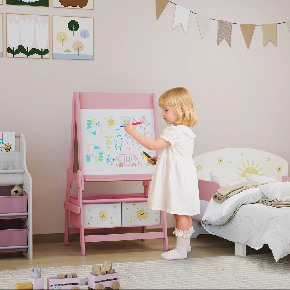 AIYAPLAY Sztaluga 3 w 1 dla dzieci z tablicą kredową, białą tablicą, rolką papieru i 2 koszami, różowa, dla dzieci w wieku 3-8 lat | Aosom PL
