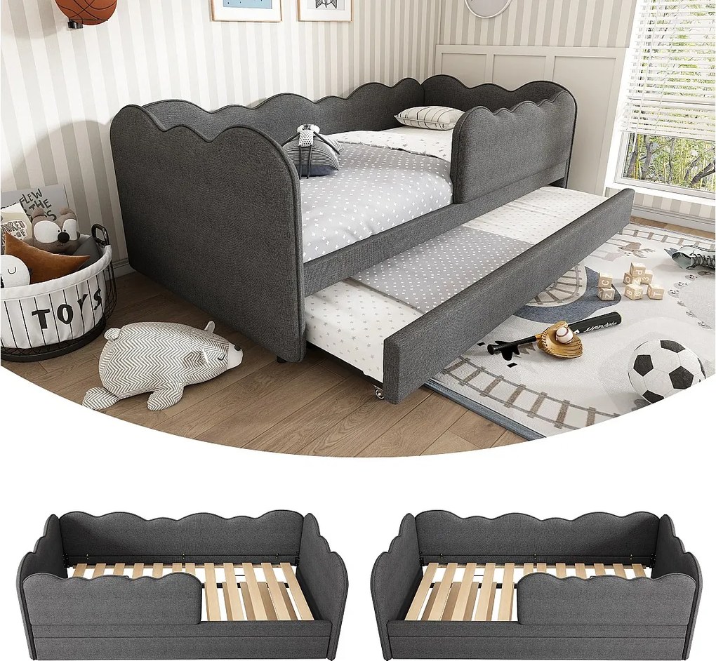 Sofa tapicerowana z funkcją spania - 90 x 190 cm - z łóżkiem wysuwanym 90 x 190 cm + stelaż - len - szary