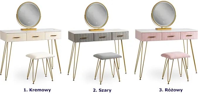 Kremowa tapicerowana toaletka glamour z 3 szufladami - Merina