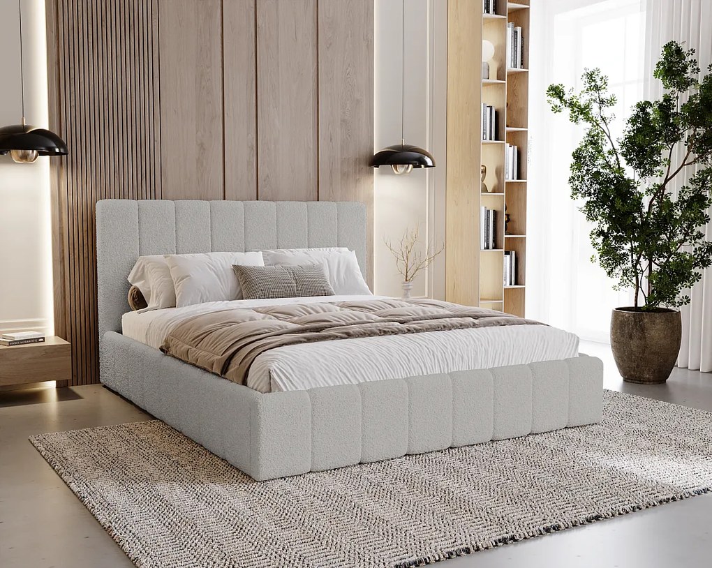 BESILIO Sypialnia łóżko slim 180x200 Lexy - stelaż metalowy, pojemnik na pościel, slim łóżko, tkanina boucle - Jasnoszary