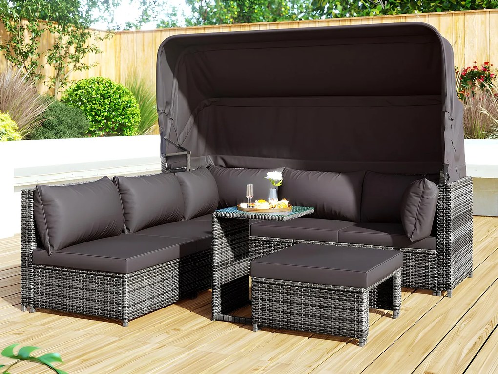 Zestaw mebli ogrodowych - Kanapa lounge z rattanu PE z regulowanym daszkiem - 6 miejsc i 1 stolik kawowy - Szary