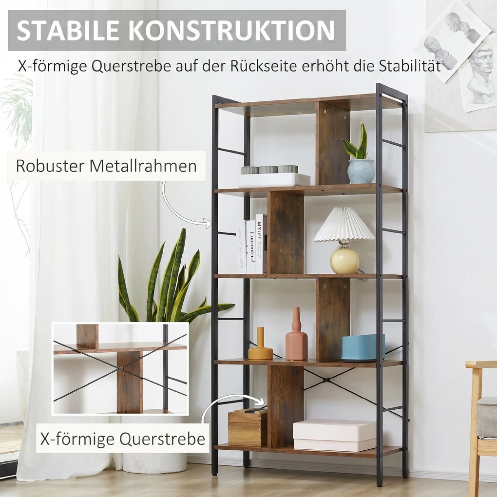 HOMCOM Regał na książki, wąski regał stojący z 5 półkami, regał biurowy do salonu, 77 x 30 x 57,5 cm, Rustykalny brąz | Aosom PL