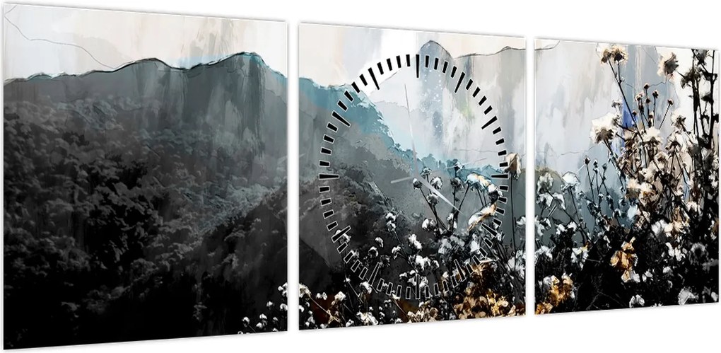 Obraz - Ilustracja przedstawiająca dzikie kwiaty (z zegarem) (90x30 cm)