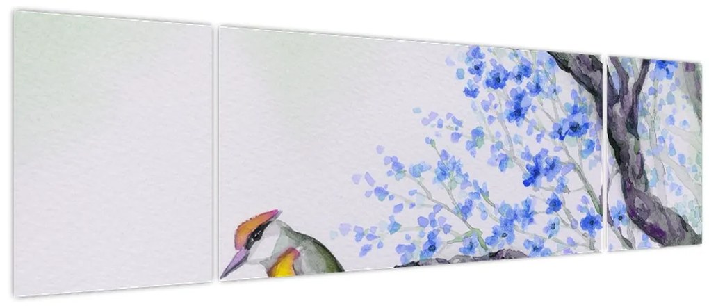 Obraz - ptak na drzewie z niebieskimi kwiatami (170x50 cm)
