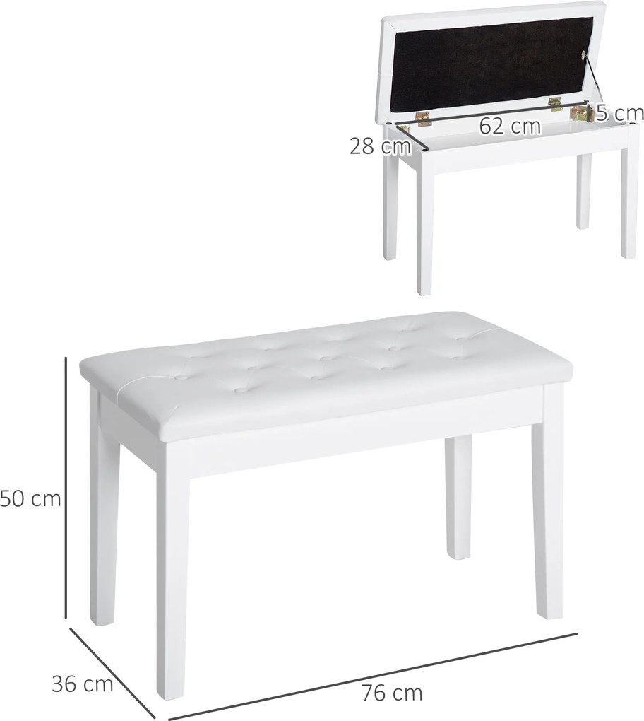 HOMCOM Taboret do Pianina Biały Wiejski Styl z Schowkiem Drewno Kauczukowe Sztuczna Skóra 76x36x50cm | Aosom PL