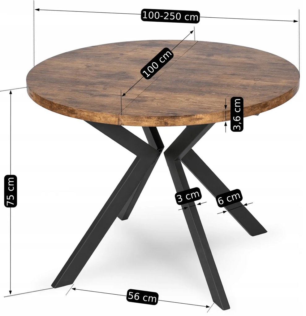Stół Okrągły Rozkładany LUKAS 100-250 cm Dąb Rustykalny Nowoczesny Loft