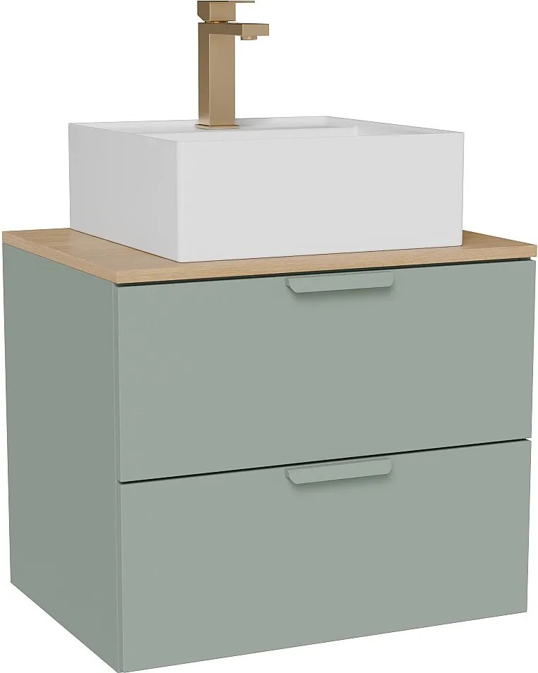 Wisząca szafka łazienkowa z umywalką wpuszczaną w blat kwadratową i baterią – Szałwiowa zieleń – S60 cm – AVORELI