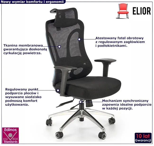 Obrotowy ergonomiczny czarny fotel z regulowanym zagłówkiem - Herva