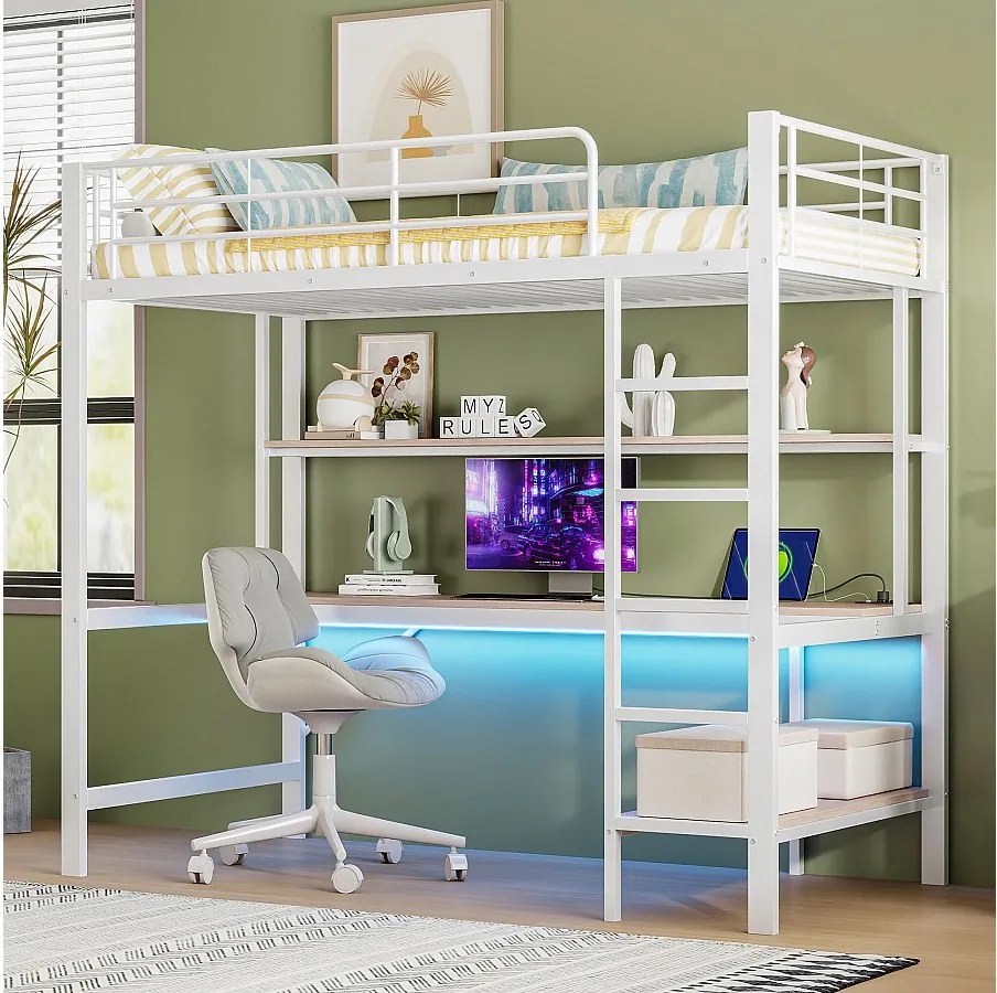 Łóżko antresolowe 90x200 cm z oświetleniem USB i LED, półkami i biurkiem, białe – bez materaca