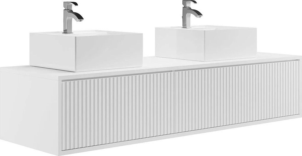 Szafka łazienkowa wisząca  w paski z podwójną umywalką – biała – 150 cm – ARNEGA