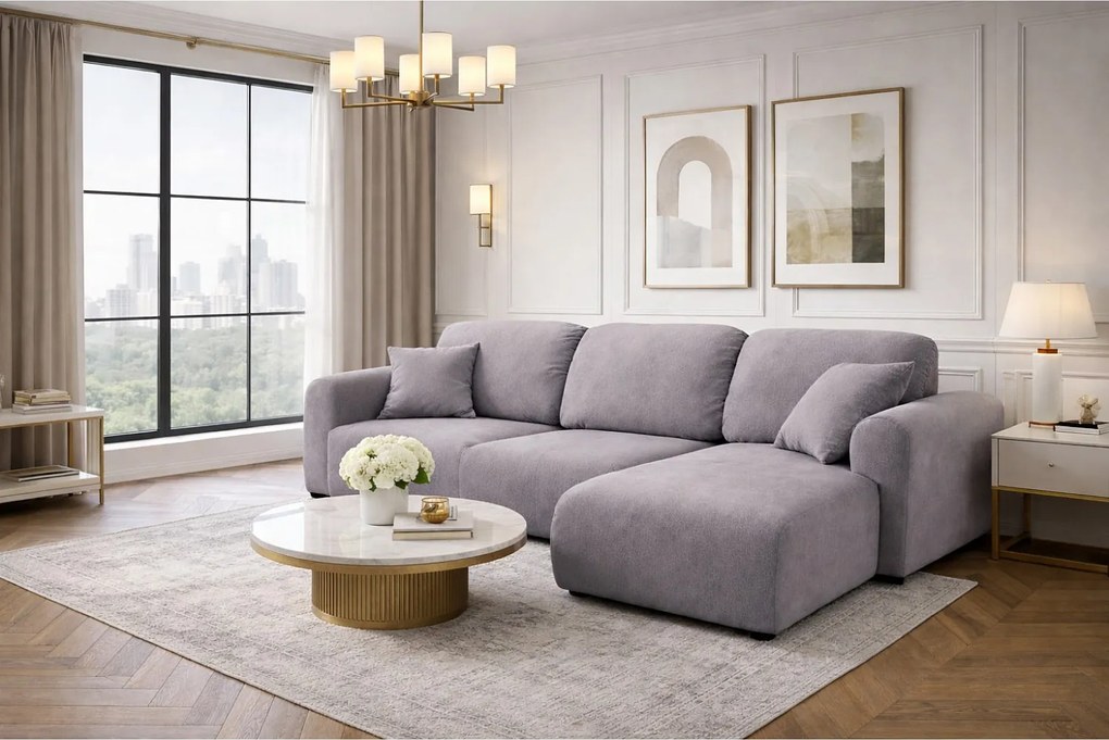 Narożnik w kształcie L z funkcją spania i pojemnikiem Bingo L, tkanina welurowa Salvador, Szary, Prawy