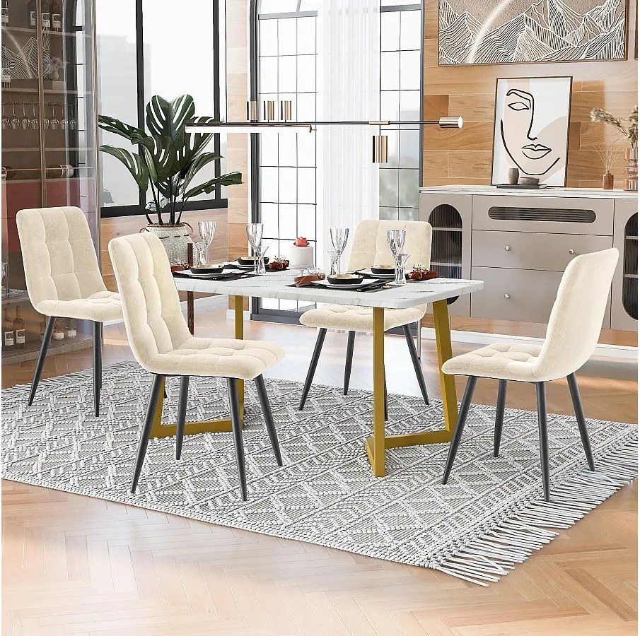 Zestaw stołowy 117 x 68 cm z 4 krzesłami tapicerowanymi welurem - nogi metalowe w kolorze złotym - Biały + beżowy
