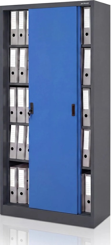 Szafa metalowa biurowa z drzwiami przesuwnymi antracytowo-niebieska, 900x1850x400 mm: KUBA
