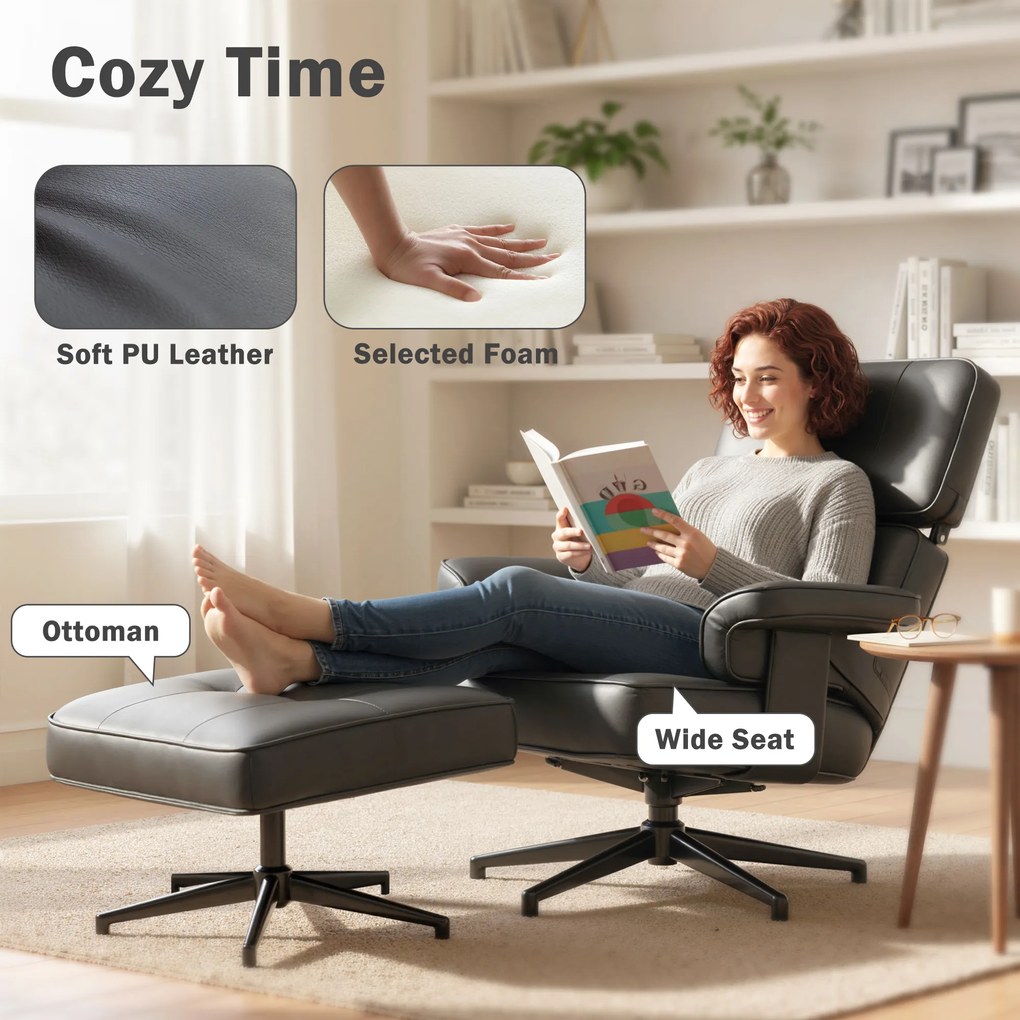 HOMCOM Regulowany fotel leżankowy z podnóżkiem, obicie z ekoskóry, regulowany zagłówek, metalowa podstawa, czarny