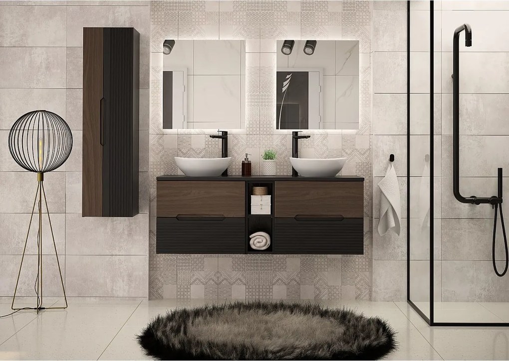 Zestaw Łazienkowy 140cm Szafka z Blatem Regał Czarny Mat / Orzech Avella