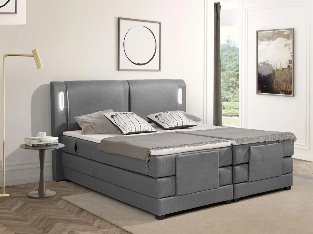 Zestaw boxspring zagłówek łóżka z diodami LED + stelaż relaksacyjny sterowany elektrycznie + materac + nakładka na materac - 2 x 80 x 200 cm - Szara tkanina - ASTEMI PALACIO