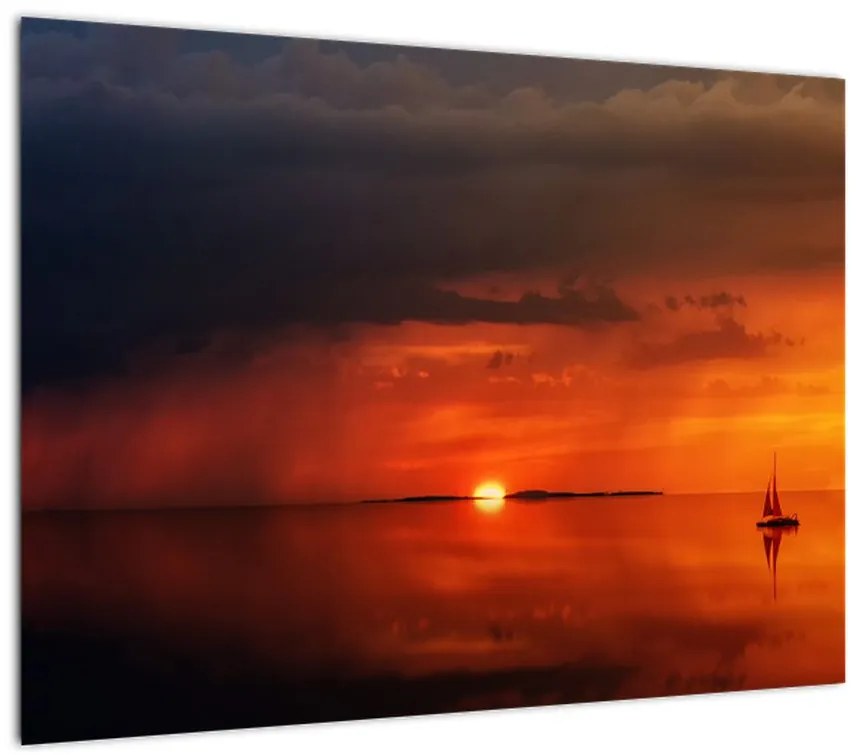 Obraz na szkle - zachód słońca z żaglówką (70x50 cm)