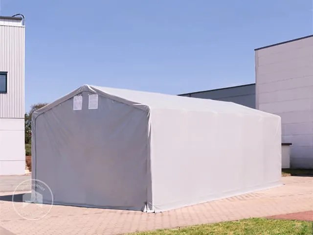 TOOLPORT 8x12m Hala namiotowa - 4,0 m wysokość ścian bocznych z bramą na zamek błyskawiczny, PVC 850, szary, ze statyką (podłoże gruntowe) - (93945)