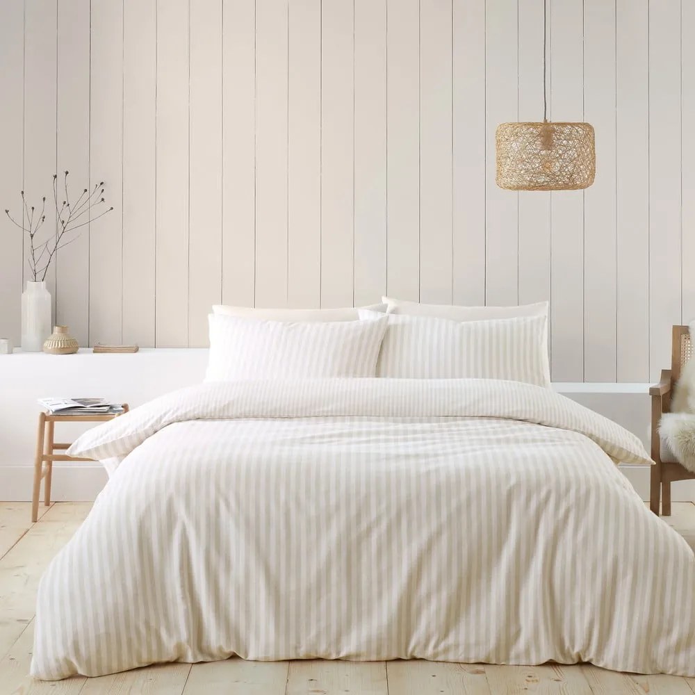 Beżowo-kremowa flanelowa pościel dwuosobowa 230x220 cm Stripe – Catherine Lansfield