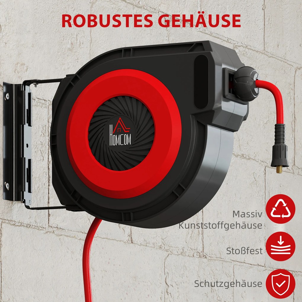 HOMCOM Bęben na wąż z mechanizmem zwijania, 16,5 m długi wąż, montaż ścienny, Czerwony+Czarny