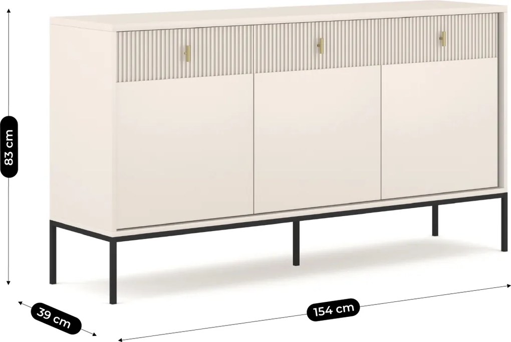 Komoda z ryflowanymi wstawkami Marcos 154 cm kaszmir, czarne nóżki