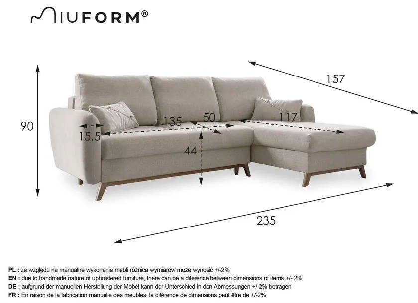 Turkusowy narożnik rozkładany Miuform Scandic Lagom, prawostronny