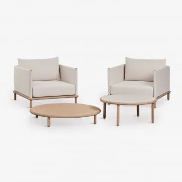 Zestaw Wypoczynkowy Z 2 Fotelami I 2 Okrągłymi Stolikami Kawowymi Z Drewna Akacjowego Olivia Jasny Brąz - Sklum