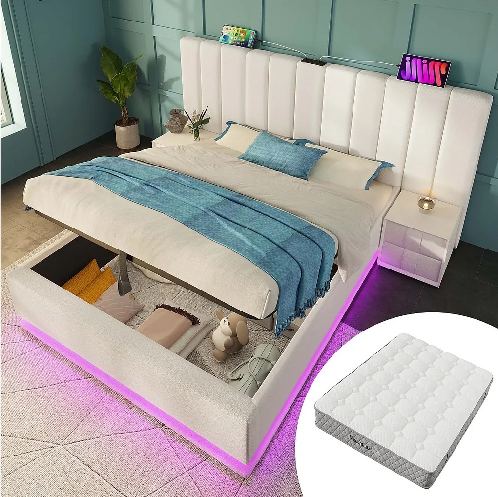 Łóżko tapicerowane z pojemnikiem - 180 x 200 cm - z diodami LED + USB + zagłówek - len - białe (z materacem)