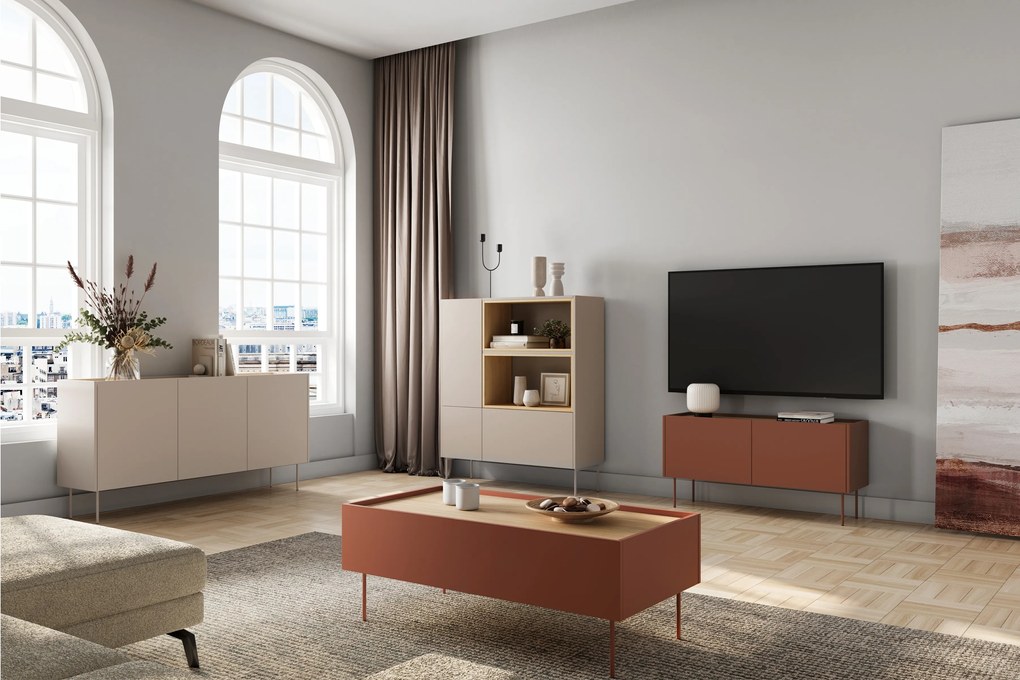 Komoda wysoka Desin 120 cm z wnękami, szufladą i metalowymi nogami - czerwony / ceramic red / dąb nagano