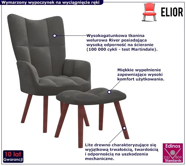 Ciemnoszary fotel welurowy z podnóżkiem E5-P35