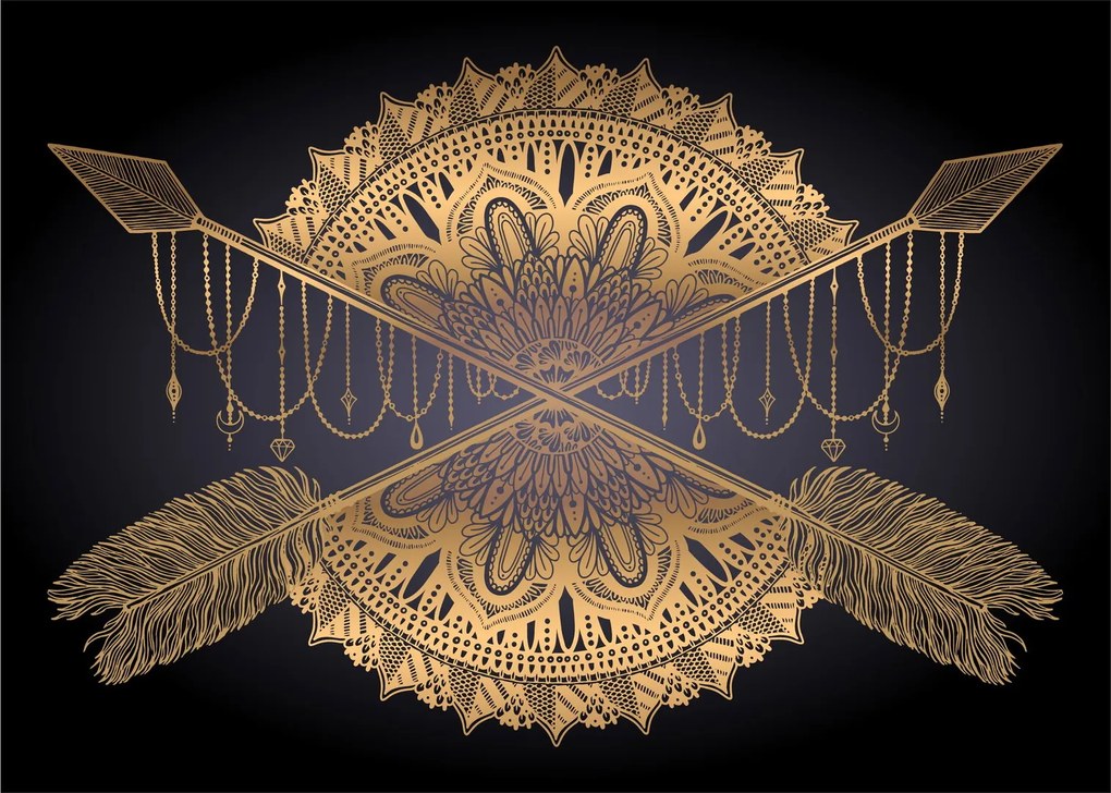 Obraz na szkle - Złota mandala ze strzałkami (70x50 cm)