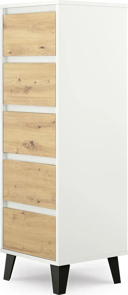 Wąska komoda z 5 szufladami biały + dąb artisan E2-S22