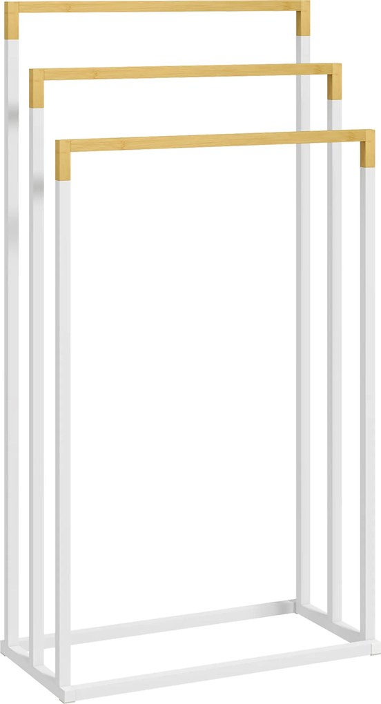 kleankin Zestaw Stojaków na Ręczniki 3 Drążki, Design Przemysłowy, Bambus, 45 x 22,5 x 86 cm, Biały + Natur