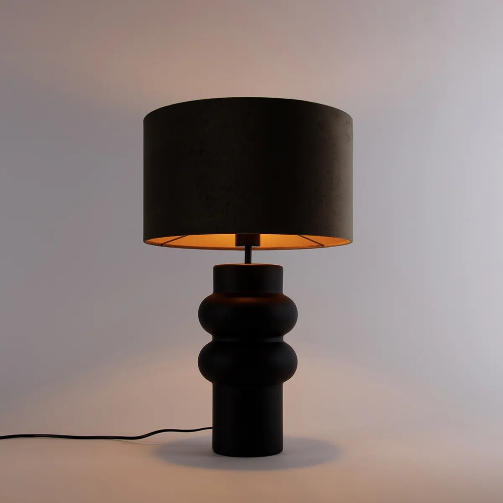 Designerska lampa stołowa z abażurem z czarnego weluru w kolorze taupe ze złotem 35 cm - Alisia