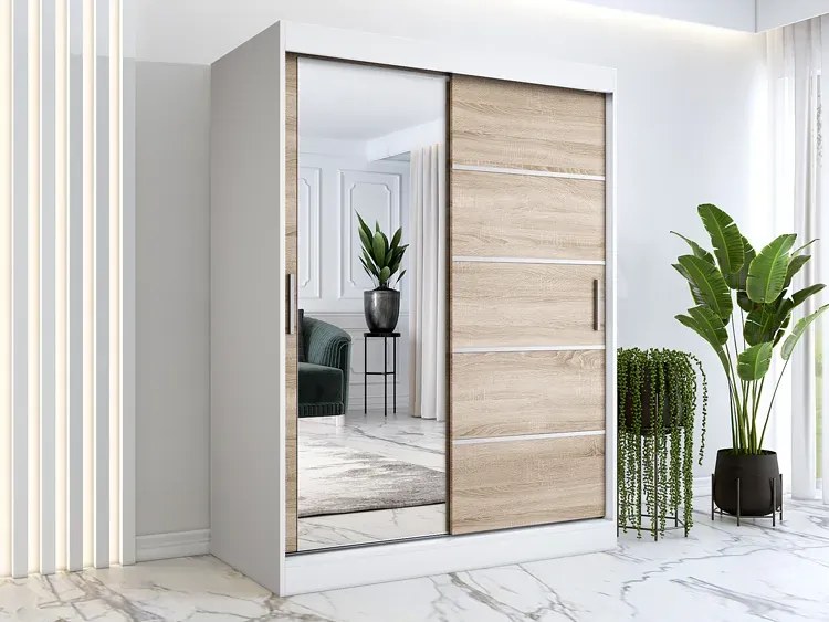 Szafa przesuwna biel + dąb sonoma 150 cm - Ebia 4X