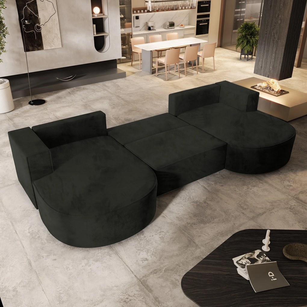 Masseno Narożnik VEZZO z funkcją spania i pojemnikiem na pościel Narozniki U, Rozkładana sofa - Czarny, MONOLITH 95