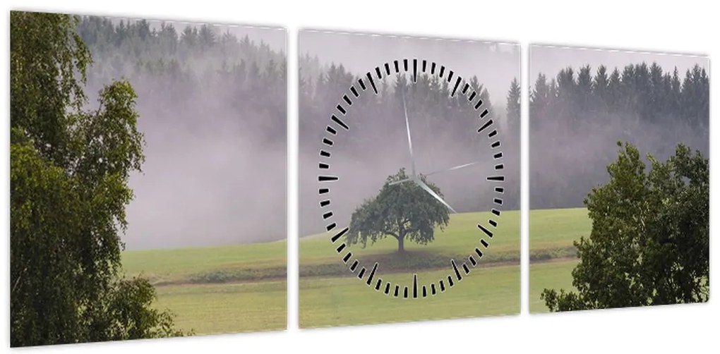 Obraz łąki z drzewem (z zegarem) (90x30 cm)