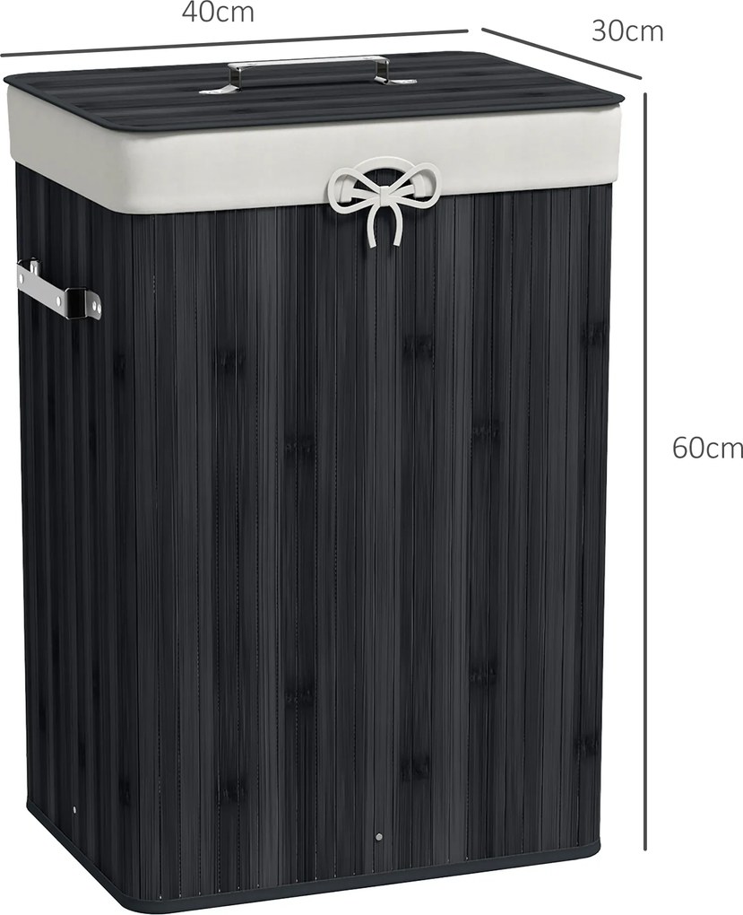 HOMCOM Kosz na pranie, skrzynia na pranie, pojemnik na pranie z pokrywą, worek z płótna, bambus, składany, 72 l, czarny 40 x 30 x 60 cm | Aosom PL