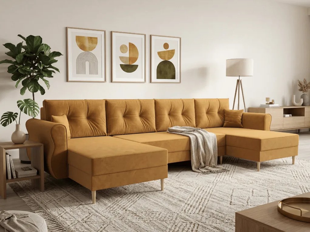 Rozkładana sofa narożna w kształcie U SILVIANO 300x140 cm, musztardowa + 2 poduszki GRATIS
