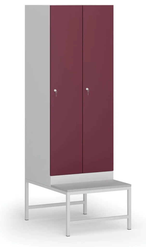Szafka ubraniowa z ławką, 2-drzwiowa, 1875 x 600 x 500/800 mm, demontaż, zamek cylindryczny, drzwi czerwone