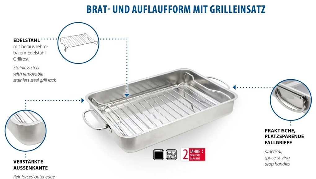Elo 53434 Basic brytfanna ze stali nierdzewnej z rusztem do grillowania 34 x 24 x 5,5 cm
