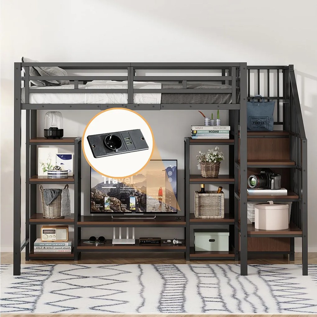 Łóżko piętrowe 90x200 cm ze stojakiem pod TV, gniazdkiem elektrycznym, drabinką bezpieczeństwa, konstrukcja metalowo-drewniana, oszczędność miejsca, kolor czarny