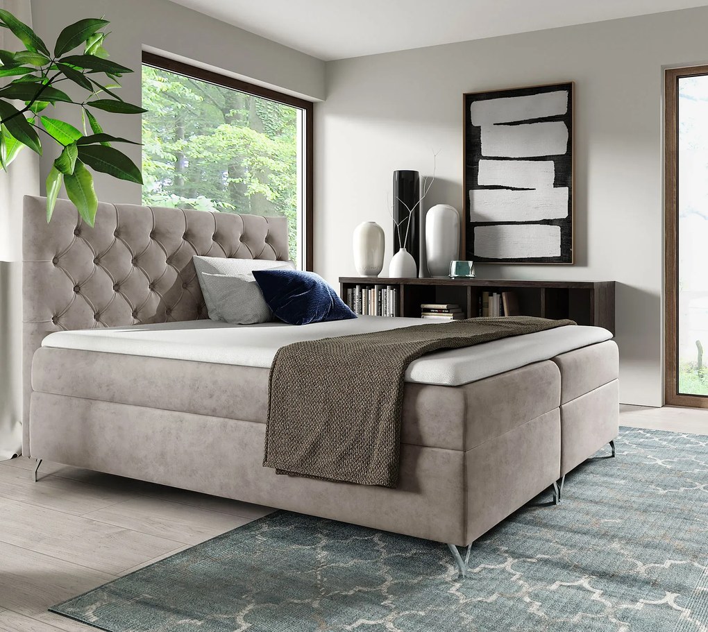 Szaro-beżowe łóżko kontynentalne z pikowanym zagłówkiem 5 rozmiarów M7-A19