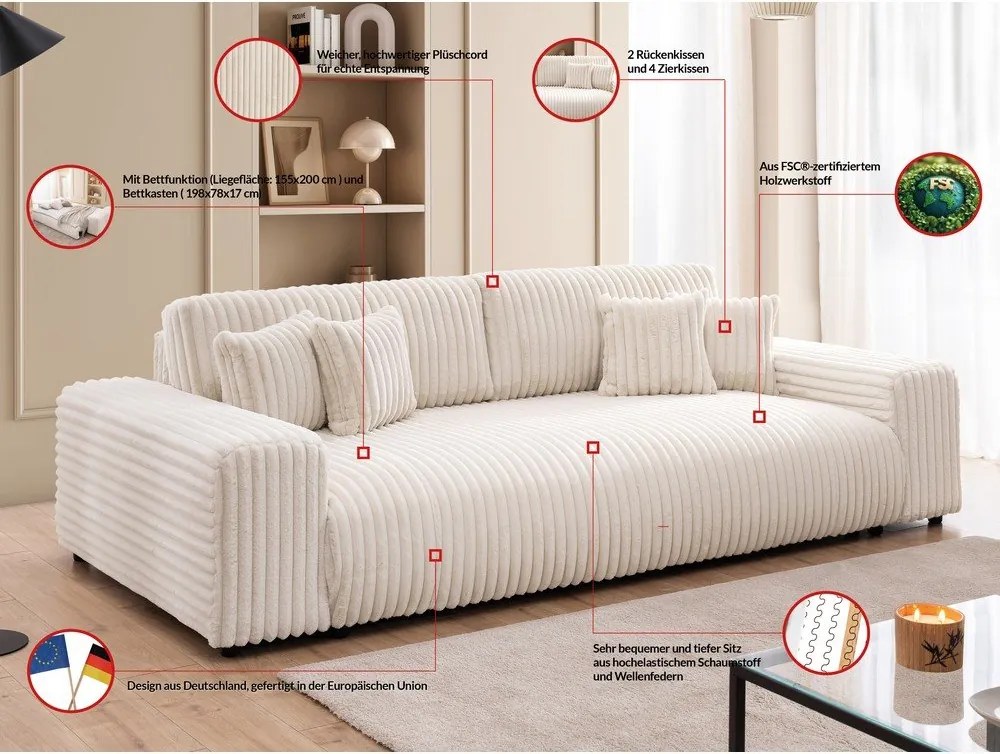 Kremowa sztruksowa rozkładana sofa ze schowkiem 260 cm Justin – Ropez